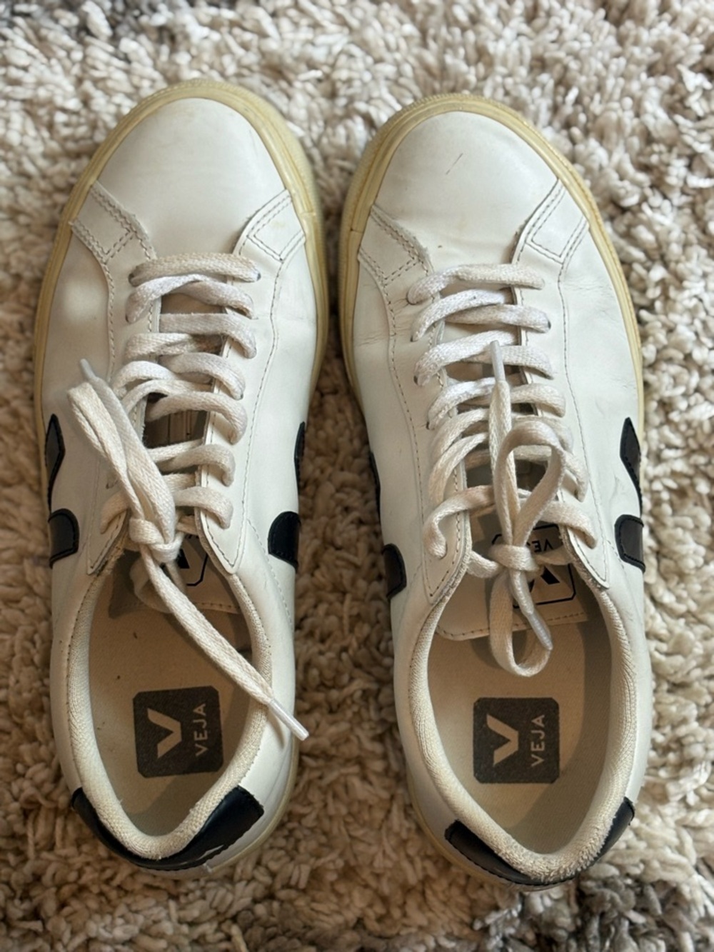 Veja White Leather Low-Top Sneakers with Black V Accents
